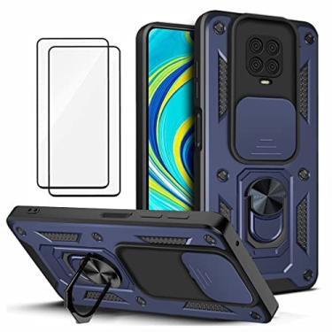 Imagem de Capa Xiaomi Redmi Note 9 Pro Max Case (2 pedaços de filme temperado Protetora) de Câmera Proteção de Tela Metal KickStand (Azul)