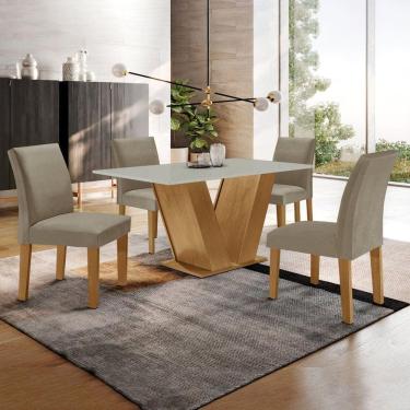 Imagem de Conjunto Sala de Jantar Mesa 120x80cm Tampo MDF com 4 Cadeiras Espanha Yescasa Ypê/Off White/Suede Marrom Claro