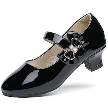 Imagem de Dufannie Sapatos femininos de salto baixo princesa Mary Jane flor festa de casamento sapatos com glitter para crianças pequenas, Generous Patent Preto, 11 Little Kid