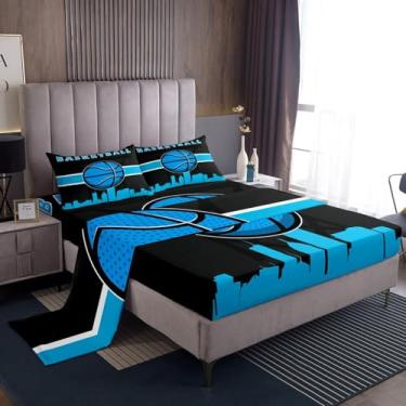 Imagem de Erosebridal Jogo de cama de solteiro esportivo infantil para meninos, jogo de basquete, conjunto de lençóis de jogo preto e azul leve, 3 peças