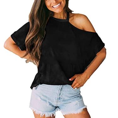 Imagem de Tops de Ombro Frio de um Lado, Casual Macio Moda Pele Amigável Feminino Manga Curta Topos Respirável Cor Pura para Namorar (L)