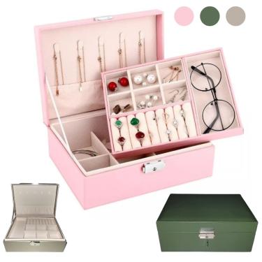 Imagem de Porta Joias Grande Dupla Camada Multifuncional Couro com Chave Feminino Maleta Organizadora