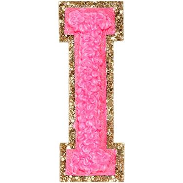 Imagem de 3 Pçs Chenille Letter Patches Ferro em Patches Glitter Varsity Letter Patches Bordado Borda Dourada Costurar em Patches para Vestuário Chapéu Camisa Bolsa (Rosa, I)