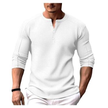 Imagem de Camisetas masculinas de manga comprida cor sólida botões gola redonda Waffle férias camisetas casuais, Branco, G