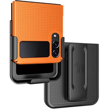 Imagem de Capa com clipe para Galaxy Z Flip 4 5G, Nakedphone [textura de grade] capa dura fina e [giratório/catraca] combo de coldre de quadril para cinto para telefone Samsung Z Flip4 (SM-F721U, 2022) - laranja brilhante