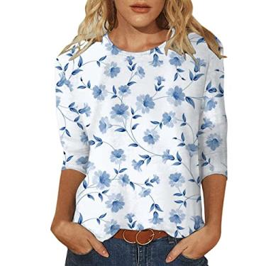 Imagem de Camisetas femininas de verão 2024 manga 3/4 com estampa floral casual moderna gola redonda blusa chique de cor clara, Ofertas relâmpago branco, GG