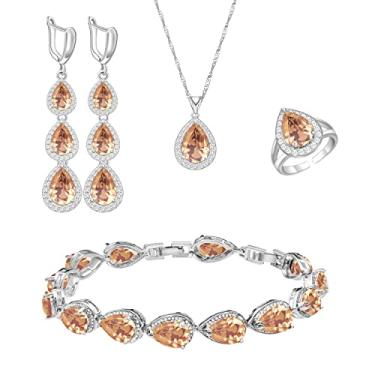 Imagem de LMXXVJ Conjunto de colar e pulseira de brincos longos, banhado a ouro branco, safira azul, conjunto de joias para presente de festa de casamento para mulheres, dama de honra, Cobre, Safira sintética