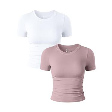 Imagem de OQQ Camisetas femininas de 2 peças, manga curta, gola redonda, franzida, elástica, justa, cropped, Rosa oculto, branco, G