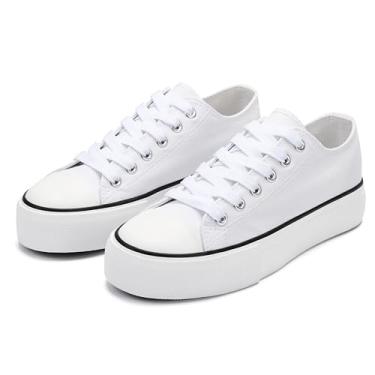 Imagem de Tênis feminino de lona plataforma cano baixo e cano alto tênis de lona com cadarço moderno sapatos casuais para mulheres, Branco, 36