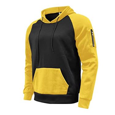 Imagem de Roupas esportivas esportivas masculinas de manga comprida forrada com lã de ovelha com capuz Color Block Moletom masculino 2024, C-28 amarelo mostarda, M