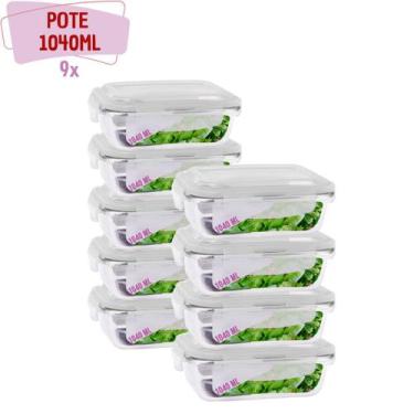 Imagem de kit 9 Pote Vidro 1040ML Vai ao Forno Microondas Retan c/Tampa - Pra ca