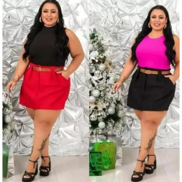 Imagem de Shorts Saia Plus Size Alfaiataria Luxo Moda Elegante Com Cinto Caramel