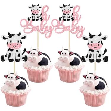 Imagem de Ephlyn 24Pcs Cow Oh Baby Cupcake Toppers Cow Baby Shower Cake Pick Decorations for Farm Animals Theme Boys Girls Birthday Gender Reveal Party Decorations Pink