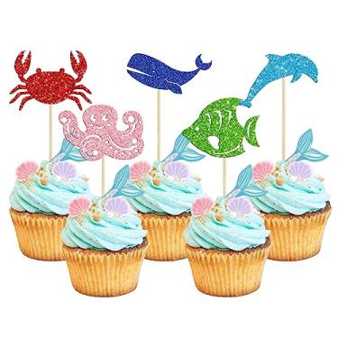 Imagem de Gyufise Pacote com 30 animais marinhos do oceano cupcakes toppers golfinho caranguejo baleia polvo peixe cupcake palhetas chá de bebê sob o mar tema animais tema festa de aniversário suprimentos de decoração de bolo