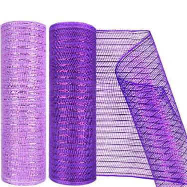 Imagem de MIKIMIQI Pacote com 2 fitas decorativas de malha decorativa de 25,4 cm x 7,6 m com fita de malha decorativa de folha metálica para grinaldas de primavera, festa de artesanato, sem fio (roxo claro e