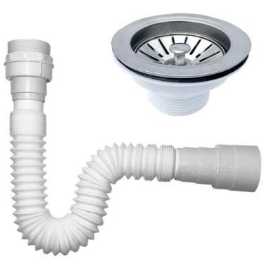 Imagem de Sifao Universal Sanfonado Flexivel e Valvula 3 1/2 Americana Ralo Inox