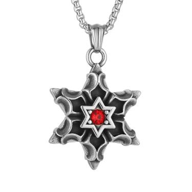 Imagem de HZMAN Colar hexagonal masculino de aço inoxidável, gótico, punk, cristal vermelho, incrustado, estrela de Davi, pingente de joia para presente, Aço inoxidável, Zircônia cúbica