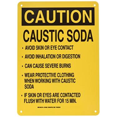 Imagem de Brady 125932 Placa de perigo químico, legenda "Soda cáustica evita contato com a pele ou os olhos, evite a inalação", 35,5 cm de altura, 25,4 cm de largura, preto em amarelo