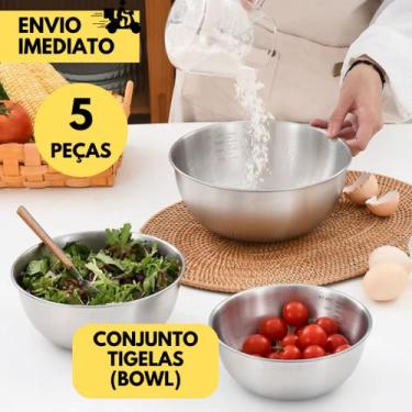 Imagem de Jogo 5 Tijelas de Inox Bowl Multiuso Redonda Funda Saladeira Confeitar