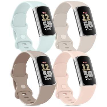 Imagem de Vancle Pulseira compatível com Fitbit Charge 6 para mulheres e homens [pacote com 4], pulseiras esportivas clássicas de substituição macia para Fitbit Charge 5, monitor de fitness e saúde (ciano claro