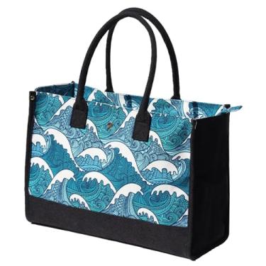 Imagem de ESVAN Sacola de lona personalizada para presentes de linho, bolsas de mão com fecho de zíper inicial, bolsa utilitária retrô, Onda