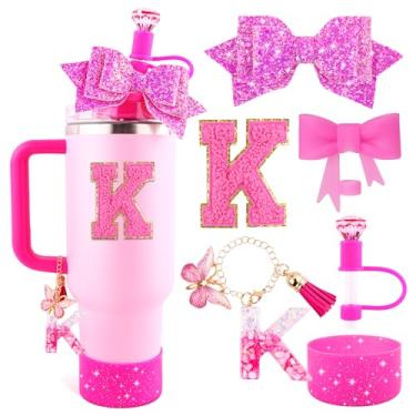 Imagem de Lingdeer Conjunto de acessórios de copo rosa rosa para copo Stanley de 850 g e 1,134 g com alça, pingentes de letras, capas de canudo de arco e diamante, bota de silicone com glitter, adesivo