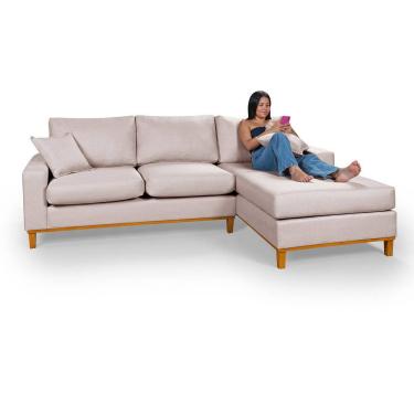 Imagem de Sofá Amsterdã Living Com Chaise 3 Lugares Revestido Linho Base em Madeira