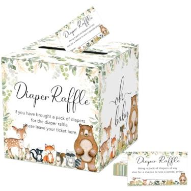 Imagem de QISOLIY 50 peças de sorteio de fraldas da floresta com caixa Convites de jogo de chá de bebê, sorteio de fraldas da floresta, caixa de sorteio de fraldas, conjunto de caixa para chá de bebê, gênero