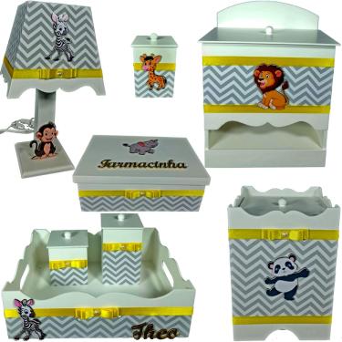 Imagem de Kit Higiene bebê Mdf farmacinha 8 pçs - safari chevron cinza