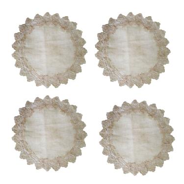 Imagem de Jogo Americano Redondo 4 Lugares 45cm Linho Bege Renda Guipir Saldão