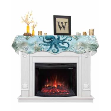 Imagem de Cachecol de cornija de polvo turquesa para lareira 177,8 x 43,2 cm Oceano Vida Marinha Náutico Tema Mar Decorações Lareira Lenço Capa Cornija Prateleira Corredor Superior para Artigos de Festa Festiva