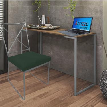 Imagem de Kit Escritório Clark Cadeira e Mesa Industrial Ferro Prata Tampo mdf Castanho Suede Verde Escuro - Ahz Móveis