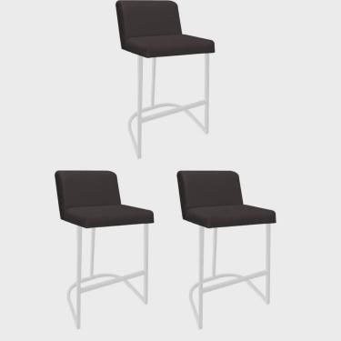 Imagem de Kit 03 Banquetas Com Encosto Noah Luxo Confort Bistrô Cozinha Ferro Branco Suede Marrom - Ahazzo Móveis