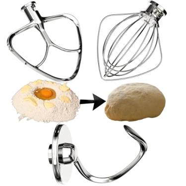 Imagem de IAGREEA 3 peças de aço inoxidável para acessórios clássicos KitchenAid Misturadores de cabeça inclinada de 4,5 a 5 QT, chicote de arame K45WW/Gancho de massa K45DH/batedor plano K45B para substituição