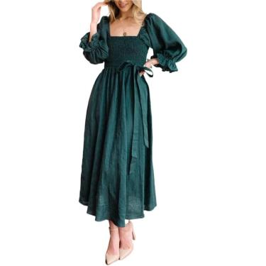 Imagem de Vestido casual do Womens Autumn High Wist Square Neck Dresses Long Dresses Shirred 3/4 Holida de praia de mangas, verde escuro, xl