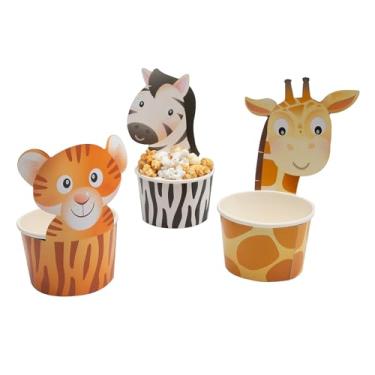 Imagem de Copos de lanche de papel variados em formato de animal - 20 cm (pacote com 12) - designs festivos de zebra, girafa e tigre - perfeitos para aniversários, festas temáticas e refeições diárias