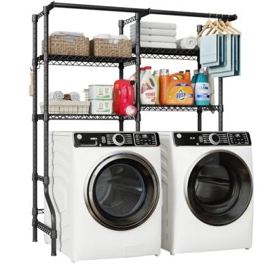Imagem de ULIFHOME U14 Prateleiras de armazenamento para lavadora e secadora, sistema organizador e armazenamento de lavanderia de 4 níveis, rack de secagem de roupas com economia de espaço com 2 varões de