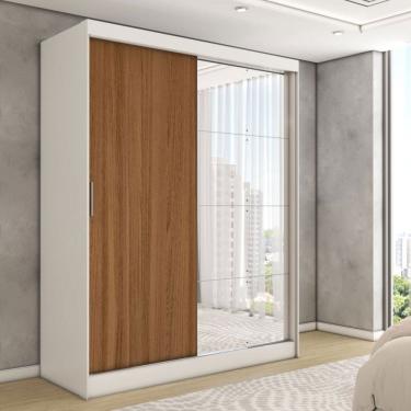 Imagem de Guarda-Roupa Solteiro Vulcan 2 Portas 4 Gavetas com Espelho 100% Mdf Branco/Amêndola - Panorama Móveis