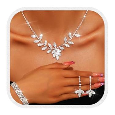 Imagem de Brishow Conjuntos de joias de casamento de prata, colar e brincos de folha de strass com pulseira, bijuteria formal para mulheres e noivas, One Size, Strass, Sem Pedra Preciosa