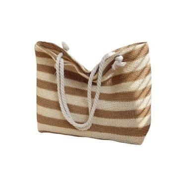 Imagem de Floerns Sacola feminina listrada de palha para praia com alça de corda para férias de grande capacidade, cáqui e marrom, One Size