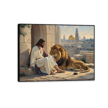 Imagem de Arte de parede em tela de Jesus e Cordeiro, Catedral de Judá e Leão, Cristão Jesus Rei Leão Impressão Pôster Pintura Religiosa Arte Igreja Decoração de Parede Imagens 90 x 70 cm Moldura Preta