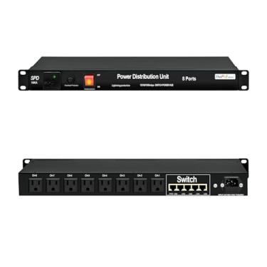Imagem de ThePoEstore Filtro De Linha Para Montagem Em Rack Pdu 1U Com 8 Tomadas Nema 5-15R E Switch Gigabit Ethernet De 5 Portas, 15 A 100-250 V, Proteção Contra Surtos 10Ka Spd 3600J, Cabo De 6 Pés, Certifi