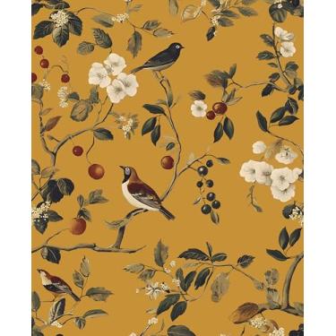 Imagem de Papel de parede vintage pássaro 44,5 cm x 998 cm amarelo chinoiserie papel de parede floral descascar e colar removível à prova d'água autoadesivo Boho papel de parede floral para quarto paredes