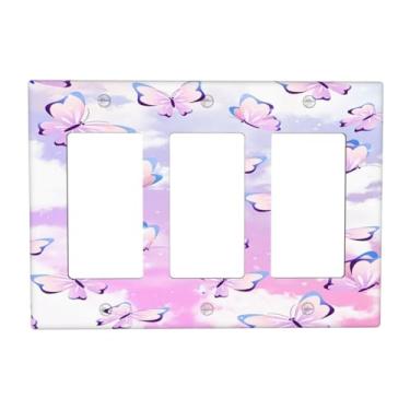 Imagem de wyehjut Borboleta rosa 3 Gang Triplo Rocker Light Switch Plate Capa Decorativa Placa Elétrica de Parede Receptáculo Placa Decorativa Interruptor de Luz Placa Frontal para Banheiro Meninas Tamanho 4,5