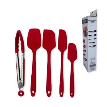 Imagem de Conjunto de Espátulas e Pegador em Silicone, 5 Peças, Vermelho, Utensílios de Cozinha com Suporte Organizador