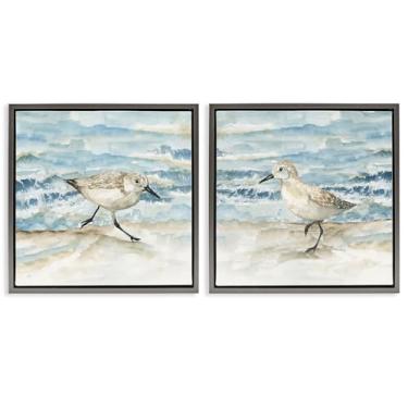 Imagem de Stupell Industries Sandpipers Treading Beach Shore Conjunto de tela flutuante com moldura cinza de 2 peças, design por Nan, 45,7 x 45,7 cm