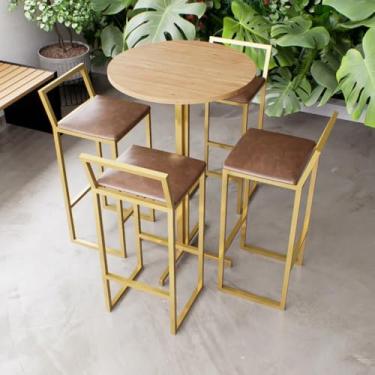 Imagem de Jogo Mesa Alta Bistrô Redonda Pinus 4 Banquetas Estofado Industrial Dourado (Marrom)
