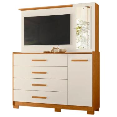 Imagem de Cômoda Ilhabela com Painel para TV 4 Gavetas 2 Portas e Espelho Albatroz Cor Cinamomo Off White