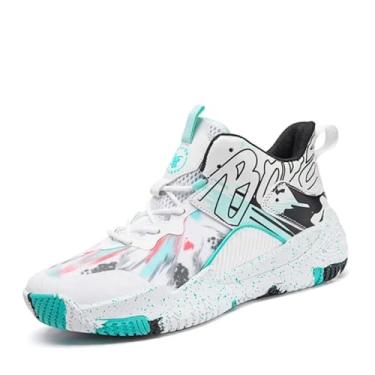 Imagem de Bolognifi Tênis de basquete masculino de cano alto - Design estampado elegante com tração e suporte superiores Equipamento de basquetebol(White-green,34 BR)