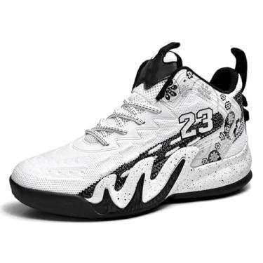 Imagem de Bolognifi Tênis de basquete masculino de cano alto, calçados esportivos de treinamento resistentes ao desgaste Equipamento de basquetebol(White,43 BR)